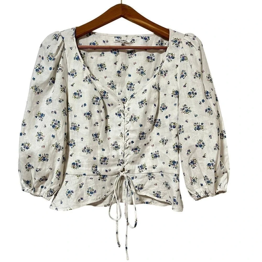 Reformation Barrett‎ Ditsy Floral Linen Lace Up Top Size 12 Puff Sleeve Cottage